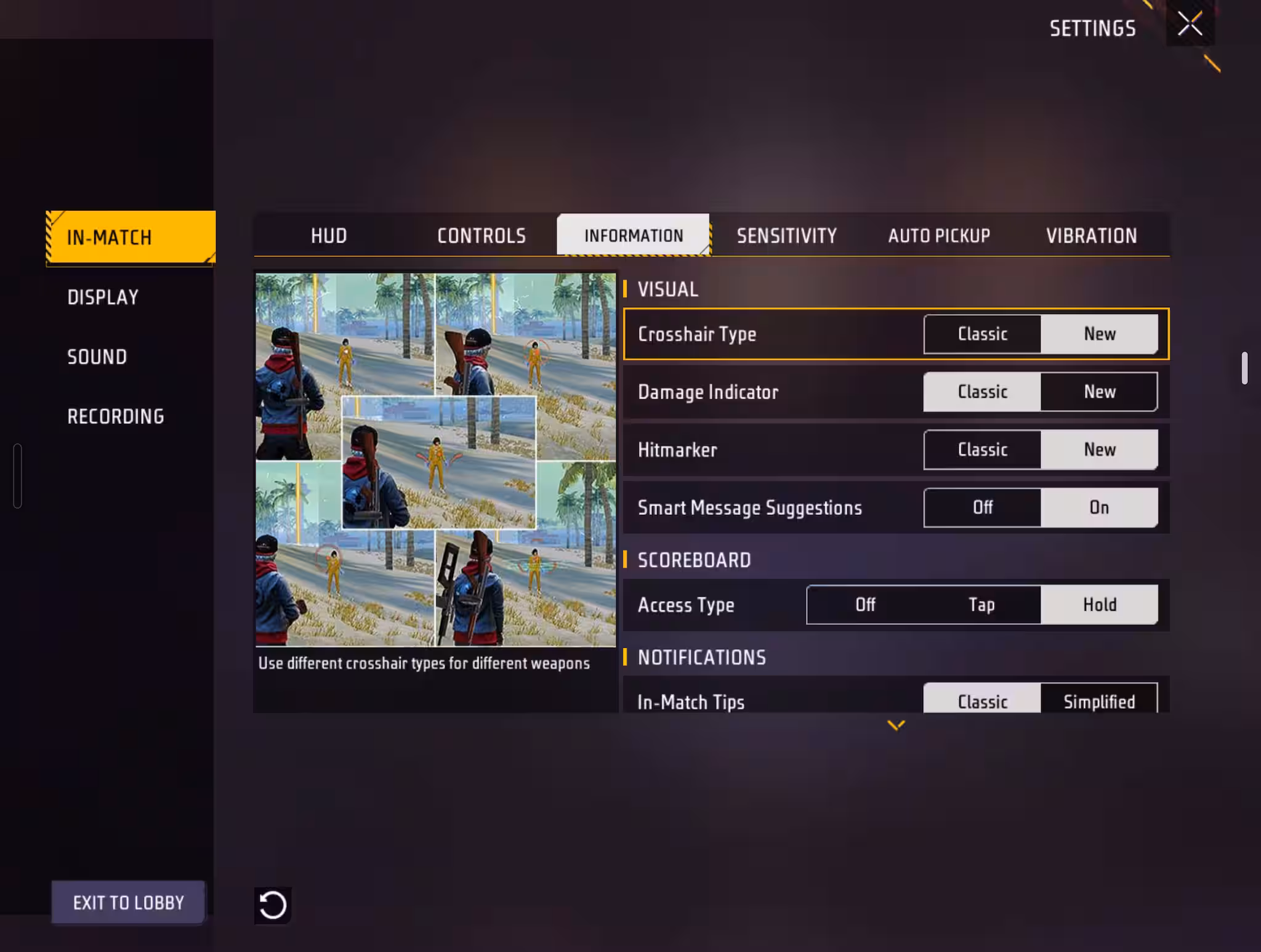 Free Fire India match selection screen