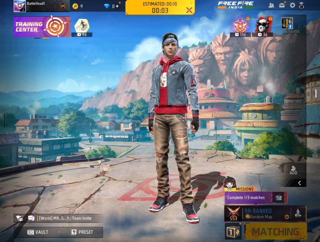 Free Fire India character lobby and matchmaking screen