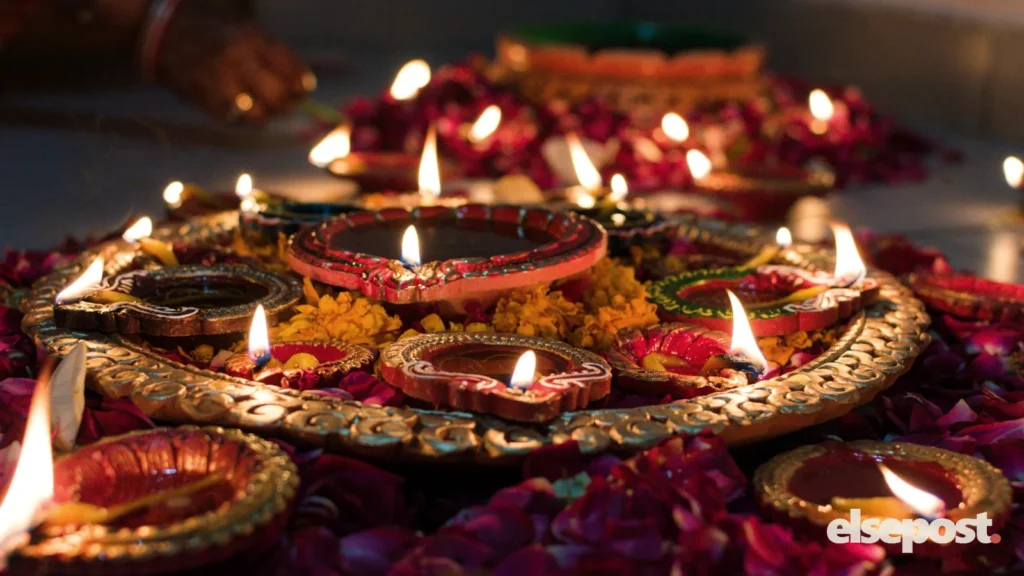 Lit clay oil lamps on a decorative tray for Diwali 2026 date and puja