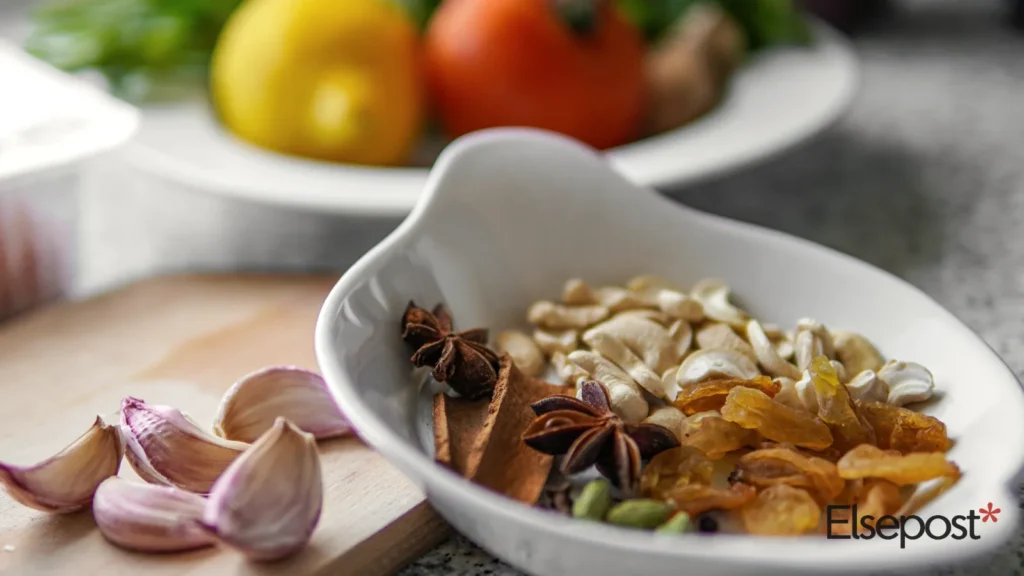 Bowl of whole spices on a wooden board, a warm kitchen scene for Diwali gifts for home cooks