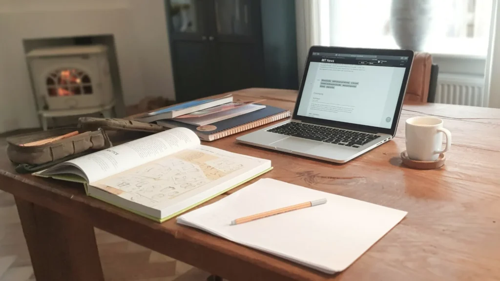 Laptop, open notebook and coffee mug on a wooden home desk, a setting for Diwali gifts for work from home colleagues