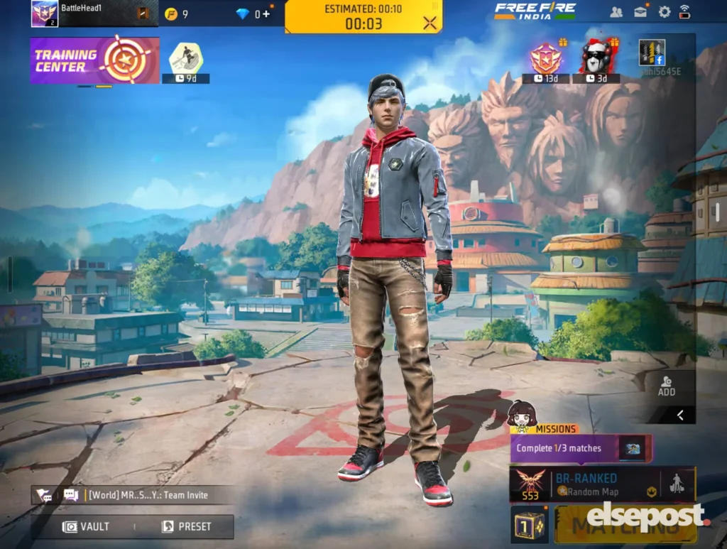Free Fire India character lobby and matchmaking screen