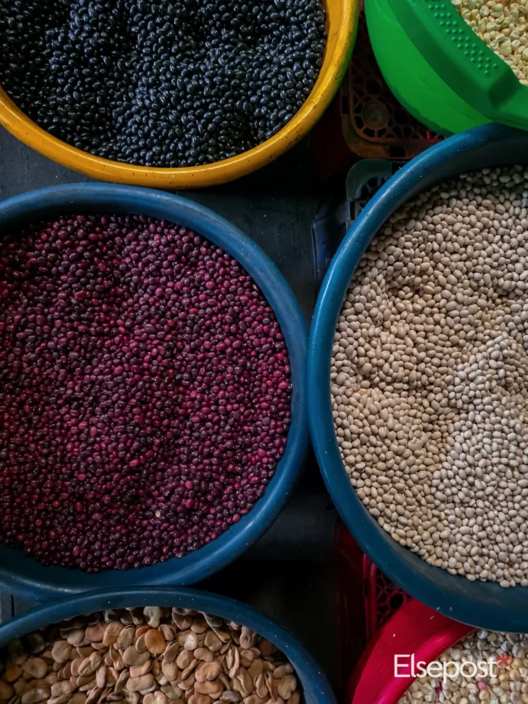 Bowls of dried beans and grains, for household food spending in India