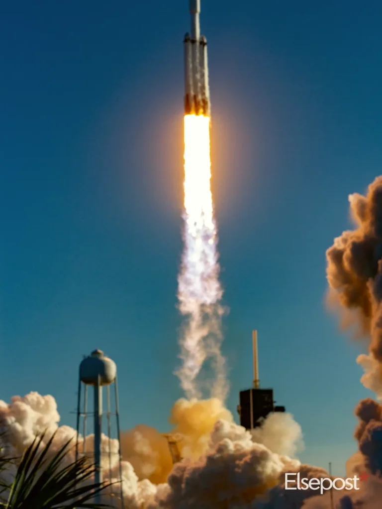 Rocket lifting off into a blue sky, illustrating the NavIC satellite launch