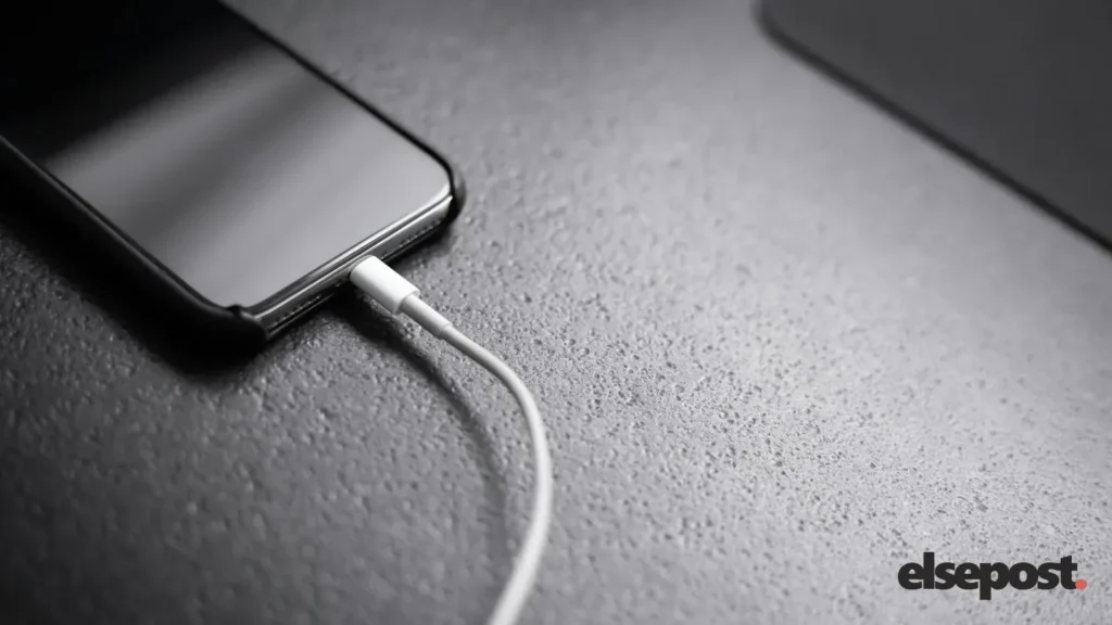 A smartphone lying on a table with a charging cable plugged in