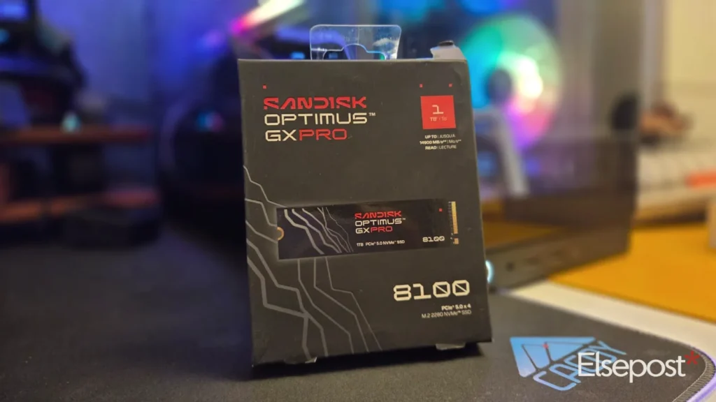 SanDisk Optimus GX Pro 8100 1TB retail box standing on a desk
