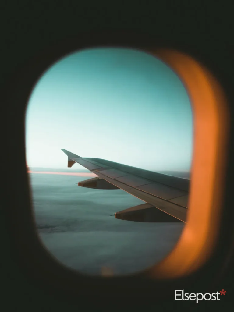 Saudi flights from India: Aircraft wing seen through a plane window over the sea