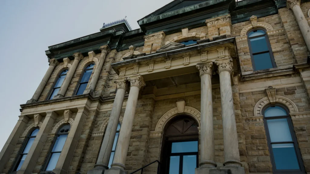 Stone columns and arched doorway of an old courthouse building