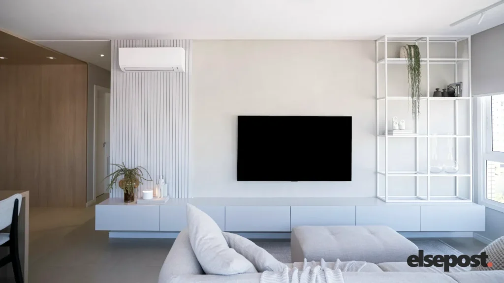 A bright living room with a large television, illustrating TRAI live TV apps rules