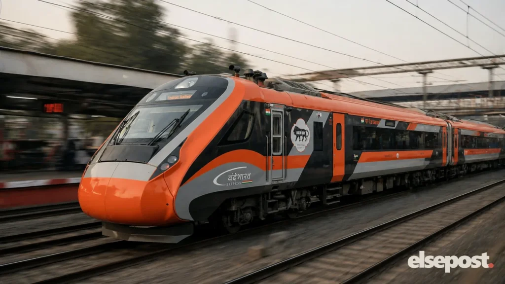 Orange and grey train speeding down the tracks, illustrating the Varanasi Vande Bharat sleeper