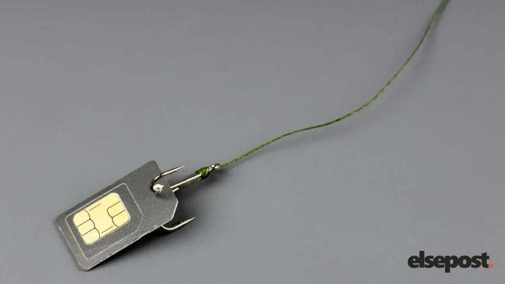A SIM card hooked on a fishing line, a symbol of phone-based scams